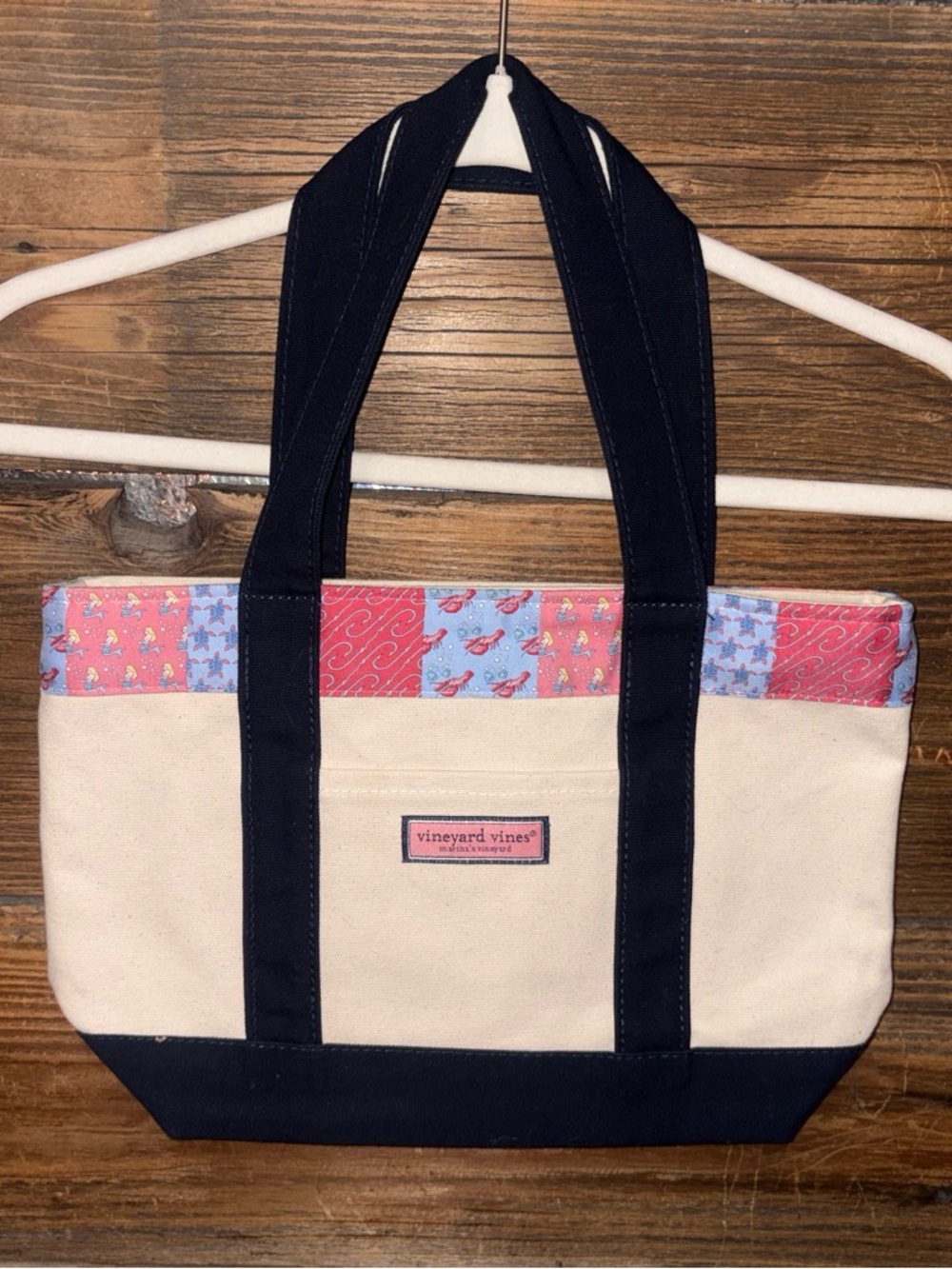 Vineyard Vines Cream Canvas Tote with Navy Straps and Multi Patterned Trim